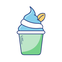 Delicious blue soft serve ice cream in a cup with leaf topping summer dessert treat vector