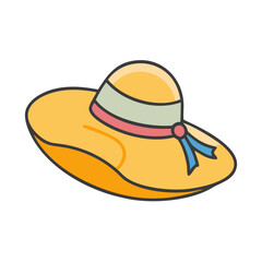 Illustration of a yellow summer hat with a ribbon and brim for sun protection fashion wear