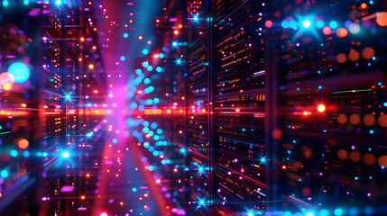 Fototapeta premium Servers and lights create a futuristic data center atmosphere with a vibrant color palette effect