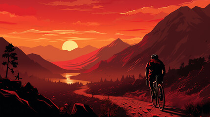 Fototapeta premium Lone Cyclist With Adventurous Spirit Riding Toward Valley Sunset On Gravel Mountain Road