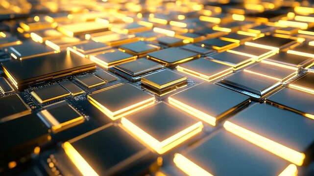 Massive semiconductor production floor with endless rows of machinery, golden silicon wafers reflect light under sterile white lighting