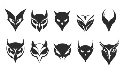 Fototapeta premium Collection of abstract owl head designs. Elegant, modern, and minimalist, in monochrome