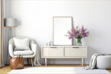 living room frame mockup in white colors, 3d render