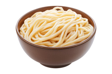 Cooked udon noodles served in brown ceramic bowl, isolated on white transparent background, representing Asian cuisine and traditional food