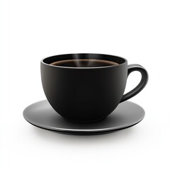 Black coffee cup with saucer, full of rich dark coffee, isolated on a white background