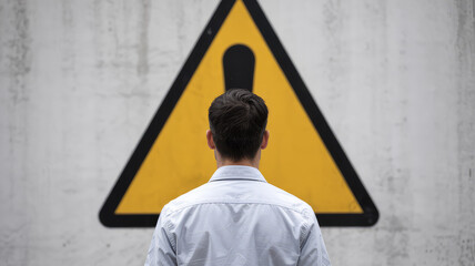 Facing the Warning Sign: A person stands before a striking yellow hazard symbol, a visual prompt of impending danger and the need for careful deliberation. 