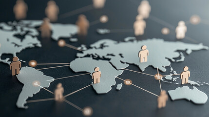 Corporate ecosystem with diverse professionals, seamless role links over world map, dynamic flow