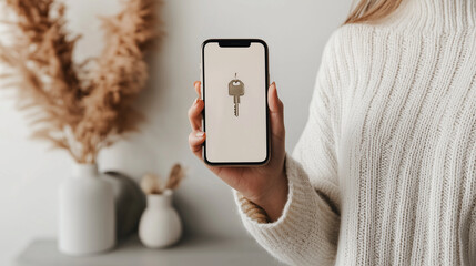 Female hands holding phone, young woman on screen showing new house keys, happy vlog moment