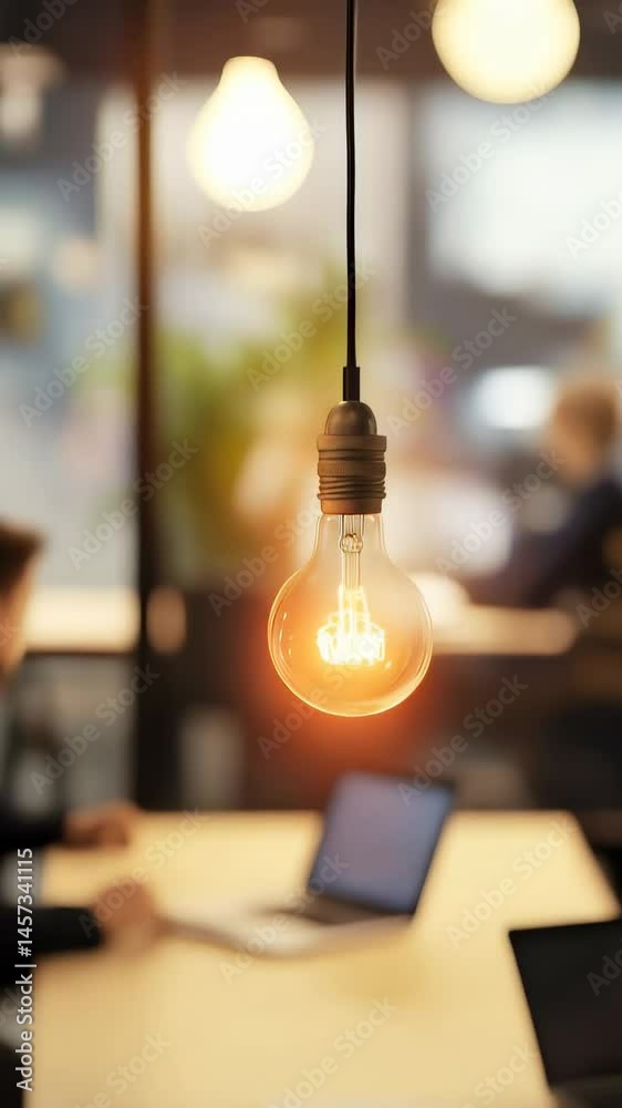 Poster glowing light bulb hovering above conference table, illuminating collaborative workspace with innova