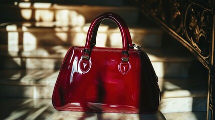 A glossy red handbag rests gracefully on a staircase step