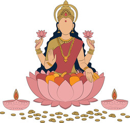 colorful isolated vector illustration - goddess lakshmi puja on pink lotus lamp pink diyas golden coins, diwali festival design element