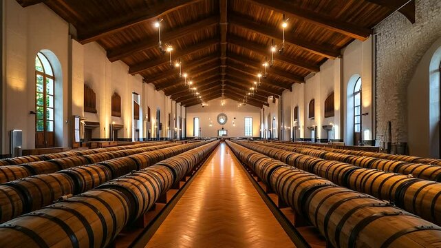 Wide shot of aging cellar with hundreds of wooden beer casks arranged by year and type, deep tones of oak and hops permeating the space