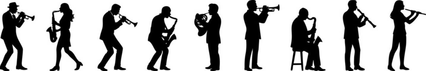 Naklejka premium Silhouettes of Musicians Playing Wind Instruments