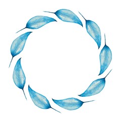 Watercolor wreath frame of blue leaves, arranged in a circle on a white background. Perfect for text or card design.
