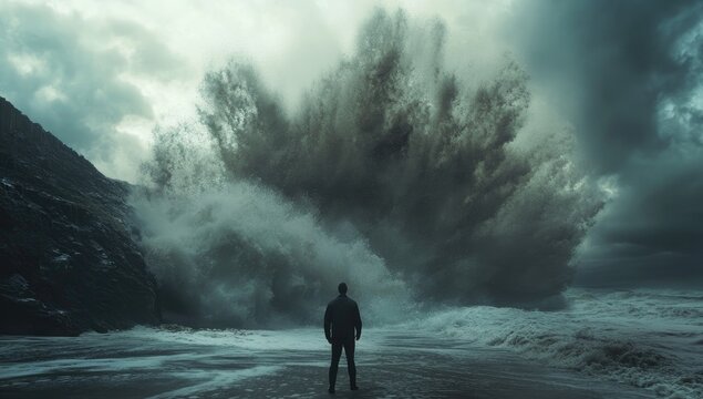 A solitary figure confronts a powerful ocean wave. A man stands on a stormy beach, dwarfed by a colossal, crashing wave. The scene is dramatic and awe-inspiring