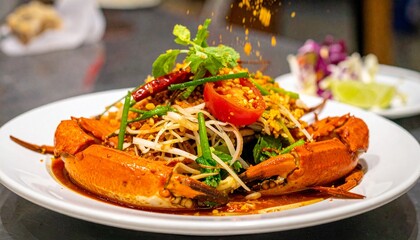 A Colorful, Vibrant Explosion of Flavors: Artistic Display of a plate of Singaporean Spicy Crab with Flying Ingredients, Chili Sauce, Aromatic Spices, and a Bold, Dynamic Southeast Asian Seafood Feast