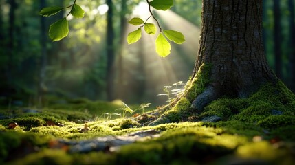 Fototapeta premium Bright sunbeam pierces through the dense canopy, casting long shadows on the mossy forest floor.