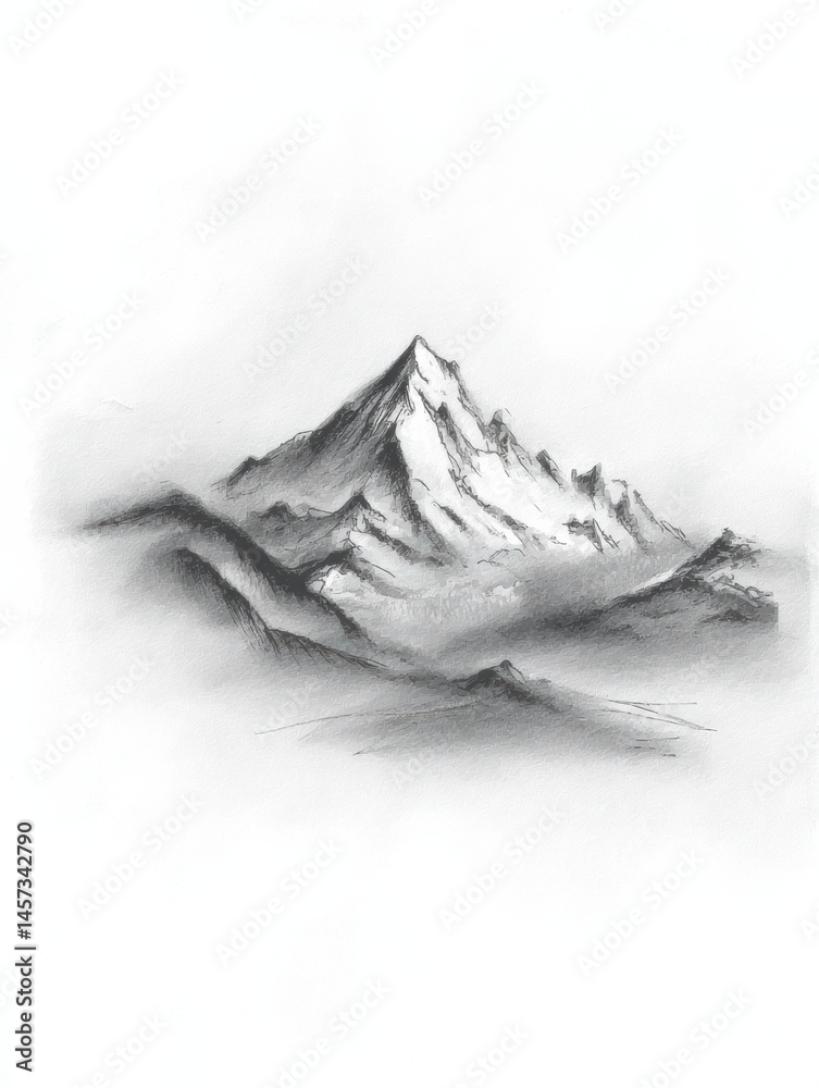 Poster Mountain Landscape Sketch Highlighting Soft Pencil Details With Minimal Shading and Subtle Textures in the Foreground and Background Generative AI