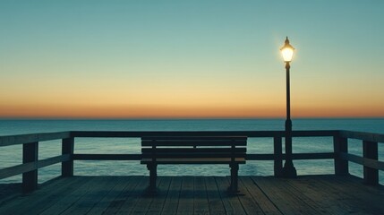 Obraz premium An empty bench sits next to a lit lamp on a pier