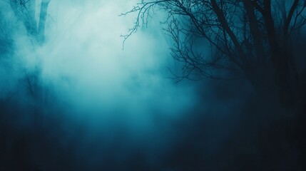 Obraz premium A dark forest with a blue sky and foggy mist