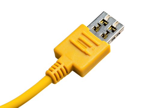 High-Resolution Yellow Network Cable with RJ45 Connector on White Background