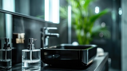 A modern bathroom with sink fixtures and accessories is shown