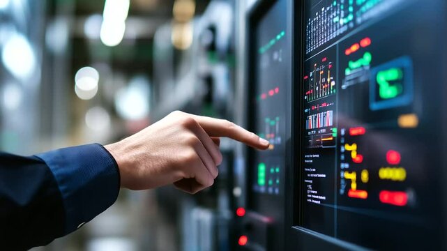 Professional engineer adjusts control settings on SCADA software interface, reviewing vital charts and graphs in a busy industrial environment