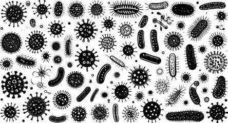 Fototapeta premium Set of various bacteria and virus icons, detailed vector illustration. Black and white designs of microorganisms with diverse shapes and structures.