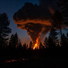 Intense Forest Fire Raging at Night with Towering Flames and Billowing Smoke