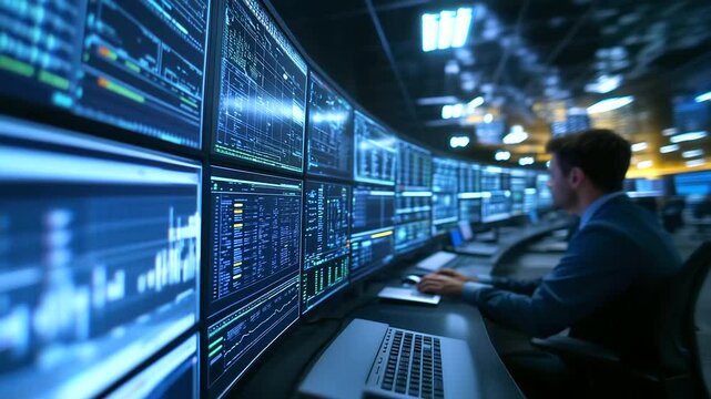 SCADA engineer manages automated processes, monitoring multiple digital displays, checking parameters and performance metrics in an industrial facility