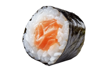 Sushi roll Maki with salmon, avocado, cucumber and rice wrapped in seaweed, isolated on white transparent background, concept of Japanese cuisine