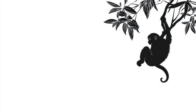 Silhouette of a monkey hanging from tree branches. Black and white image
