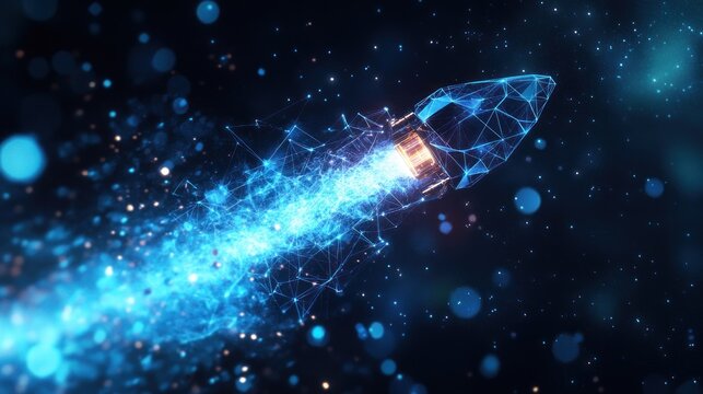 Futuristic rocket launch with digital trails