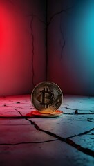 Bitcoin coin placed on a cracked concrete surface with moody red-blue gradient lighting from opposite directions. Symbolizing market tension and volatility3