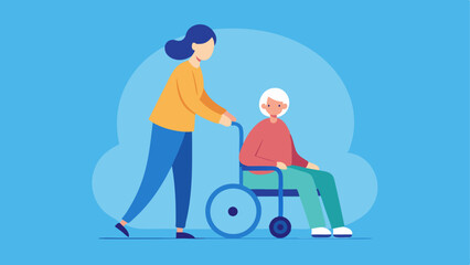 Caregiver Support A scene showing a caregiver helping an elderly person in a wheelchair illustrating the importance of support and compassion in elderly care.
