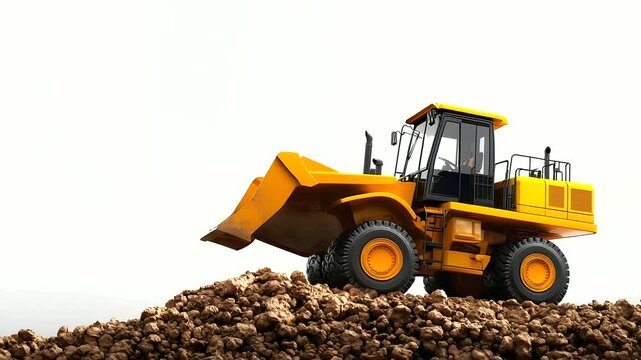 Powerful yellow front loader angled for maximum impact against white studio background. Essential for mining and rock excavation tasks