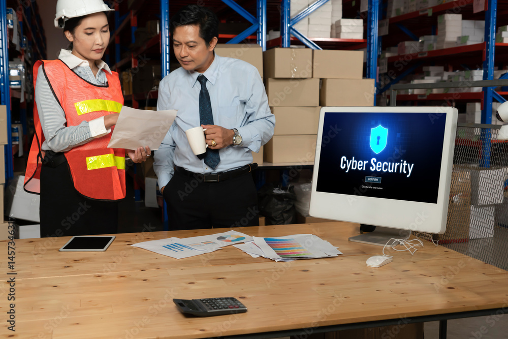 Poster cyber security system on computer screen protect private information snugly from hacker and cyber at
