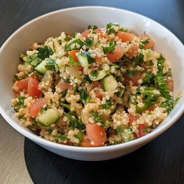 Ksr Turkish style tabbouleh made with bulgur tomatoes cucumbers parsley and a lemony dressing