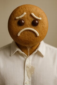 Naklejki A quirky character with a cookie face and a sad expression, wearing a white shirt. this artistic representation blends emotions with food in a playful way.