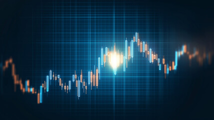 Forex trading graph with candlesticks, blue background, blurred market chart
