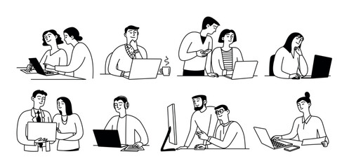 People use devices, work on laptop, computer and monitor, businessmen discuss project. Vector set isolated doodle illustration