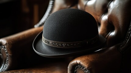 A black hat rests on a luxurious brown leather chair