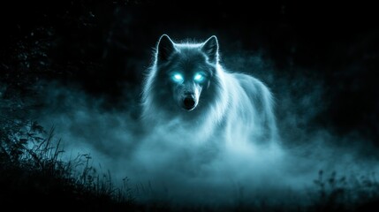 Ghostly white wolf in mystical fog