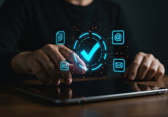 A person touches a digital tablet with a glowing checkmark representing approval.
