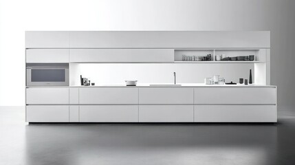 Modern all white minimalist kitchen with built in oven and storage