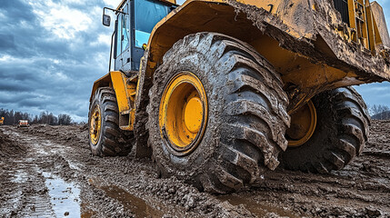 heavy equipment with large tires on a construction site, with road work in the background. Bulldozer or backhoe. Dirty loader wheels with a large tread