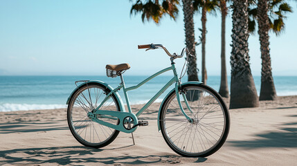 Obraz premium Cruiser Bike by Sandy Ocean Beach in Oceanside, California USA. Summertime Vacations with Vintage Cycle and Palm Trees