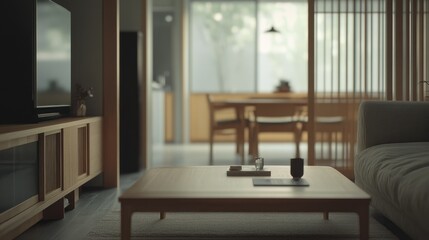 A modern living room with various items and furniture shown