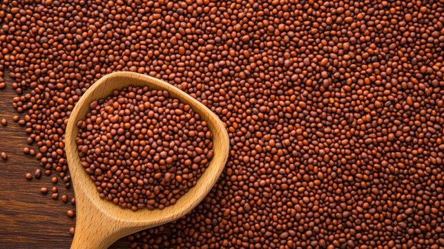 Teff grain in wooden spoon on teff background