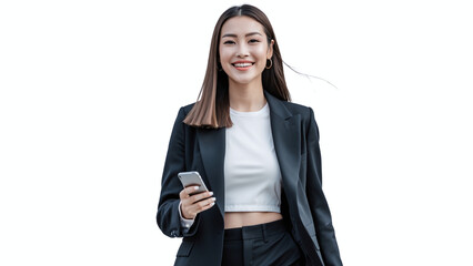  young woman in professional-looking is holding a smartphone and walking. 